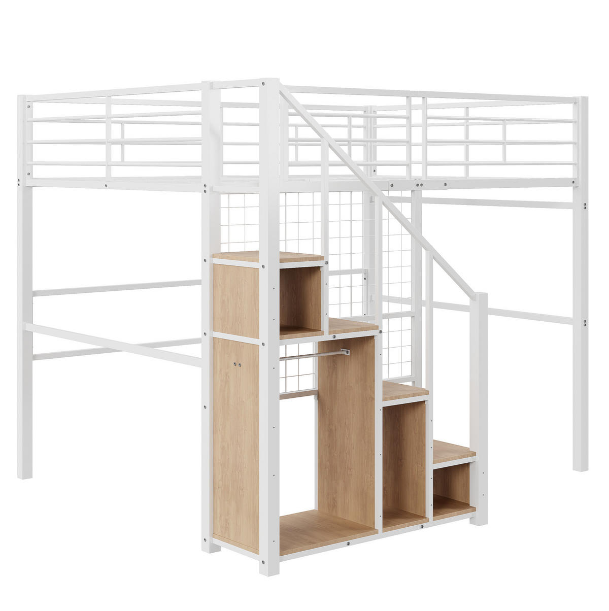 HOCHBETT 140/200 cm mit Treppe, Stauraum und Kleiderstange aus Metall, Weiß - Weiß, Metall (140/200cm) - Redom