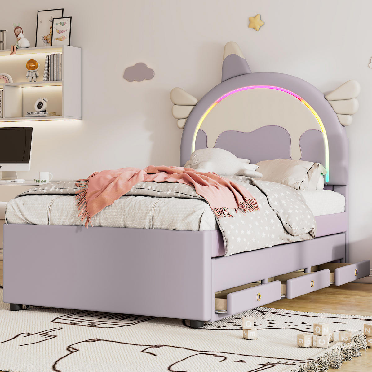 KINDERBETT Einhornform 90/200 cm Violett mit ausziehbarem Rollbett - Violett, Textil (90/200cm) - MIVRAY