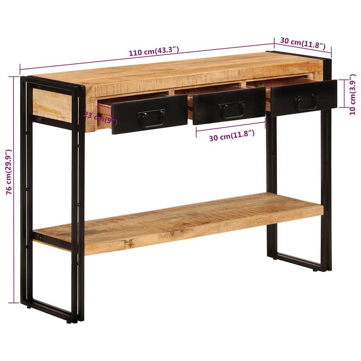 KONSOLENTISCH 110/30/76 Cm Massivholz Mango - Schwarz, Holz (110/30/76cm) - vidaXL