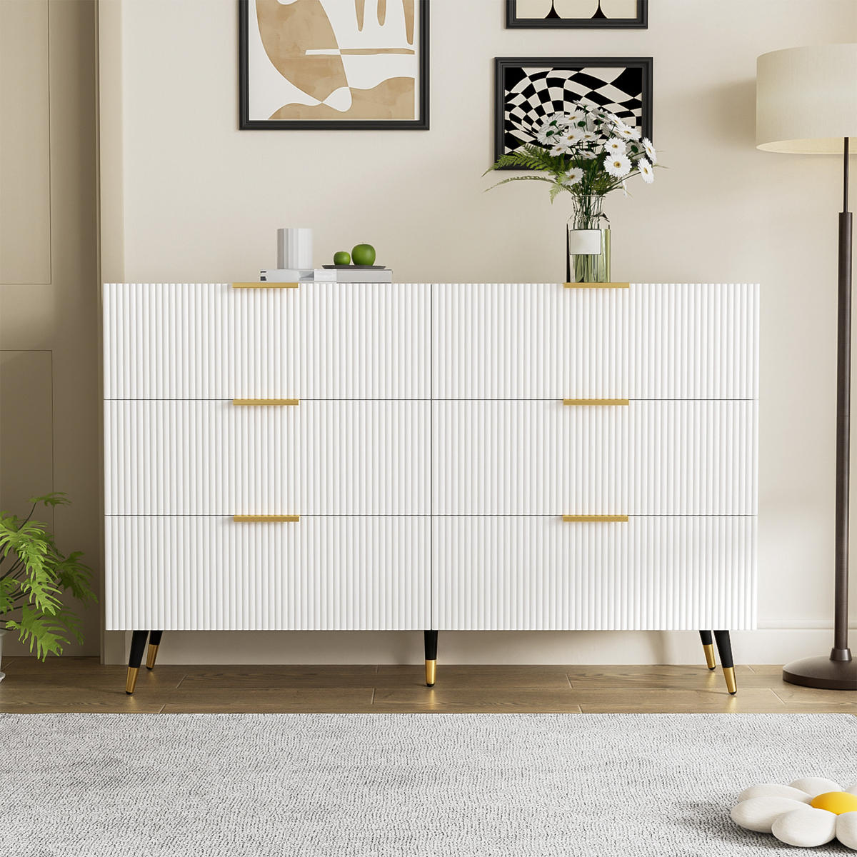 SIDEBOARD mit 6 Schubladen und modernem Design 120/40/77 cm,Weiß - Schwarz/Weiß, Holzwerkstoff (120/77/40cm) - EVRYAE