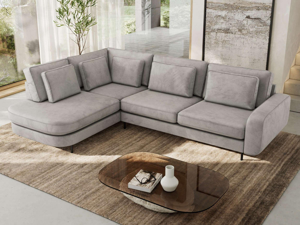 ROHOVÁ SEDAČKA CALENO L - Světle šedá Samet - Pravá Strana - černá/světle šedá, kov/textil (317/225cm) - MKS
