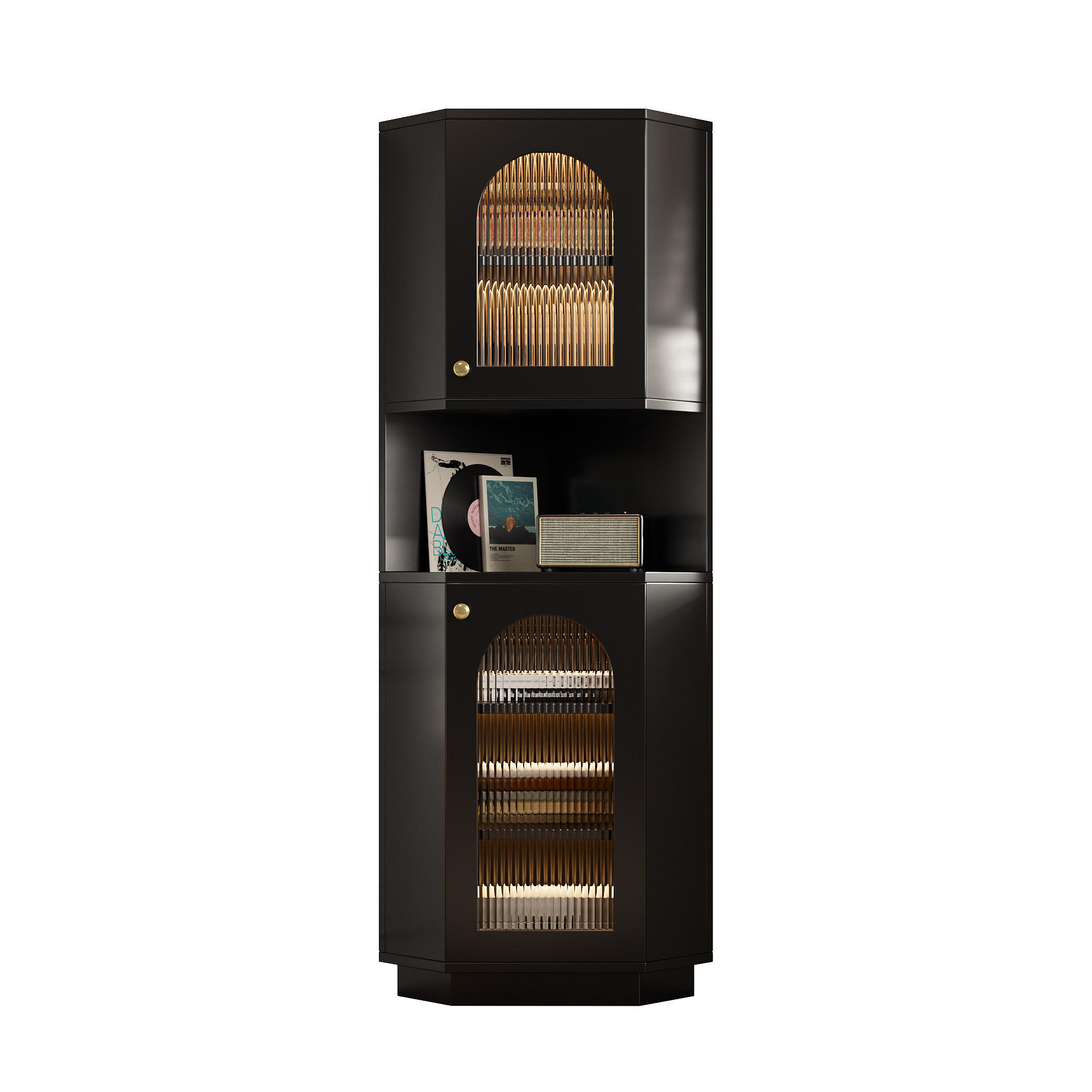 ECKVITRINE Badezimmer-Eckschrank Dreiecksform Kippschutz offene Fächer Glastür LED Stauraum modern - Transparent/Schwarz, Glas/Holzwerkstoff (36.8/166.5/45cm) - EVRYAE