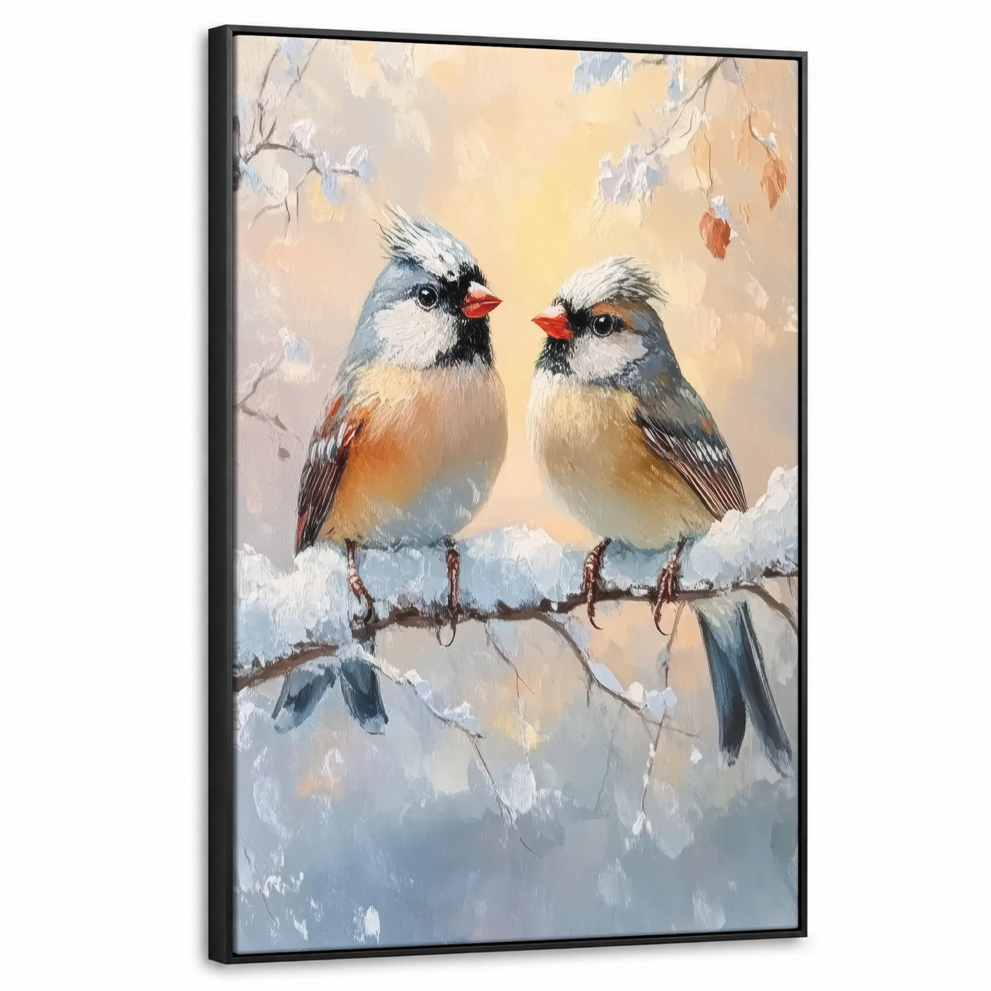 LEINWAND Bilder mit Rahmen - Vögel - Zweig - Winter - Schnee - 60x90 - Pastellblau, Textil (60/90cm) - MuchoWow