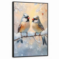 LEINWAND Bilder mit Rahmen - Vögel - Zweig - Winter - Schnee - 60x90 - Pastellblau, Textil (60/90cm) - MuchoWow