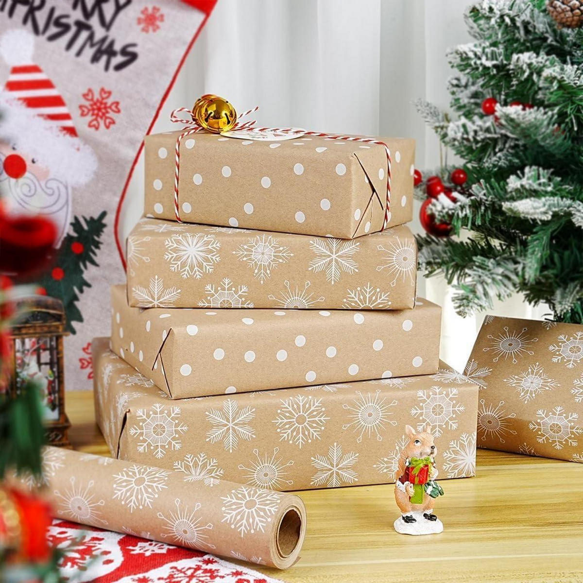 GESCHENKPAPIER Rolle Weihnachten 43 cm x 10 m Schneeflocken Dots Design - Braun, Papier (43/0.1/1000cm)