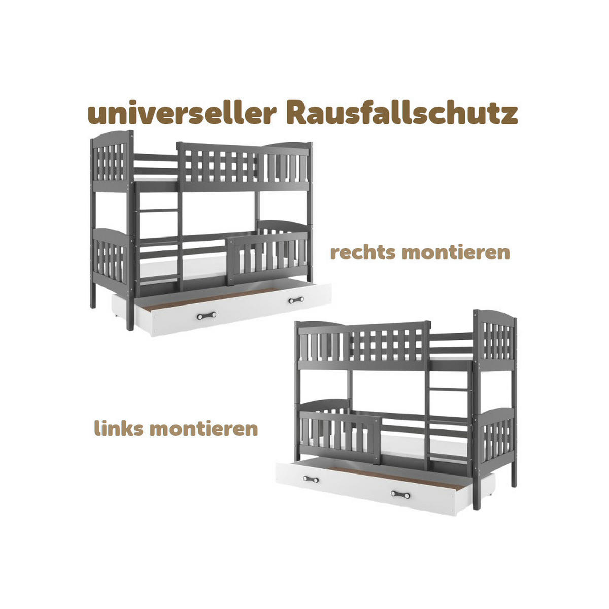 ETAGENBETT JAKOB mit Lattenrost - Weiß/Grau, Holz (90/200cm) - Interbeds