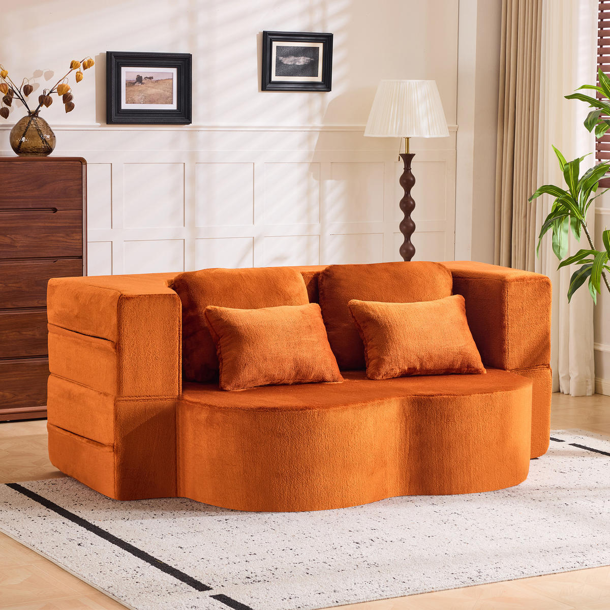 2-SITZER SCHLAFSOFA Flanell Orange mit 4 Kissen - Orange, Textil (198/76/120cm) - WISHDOR