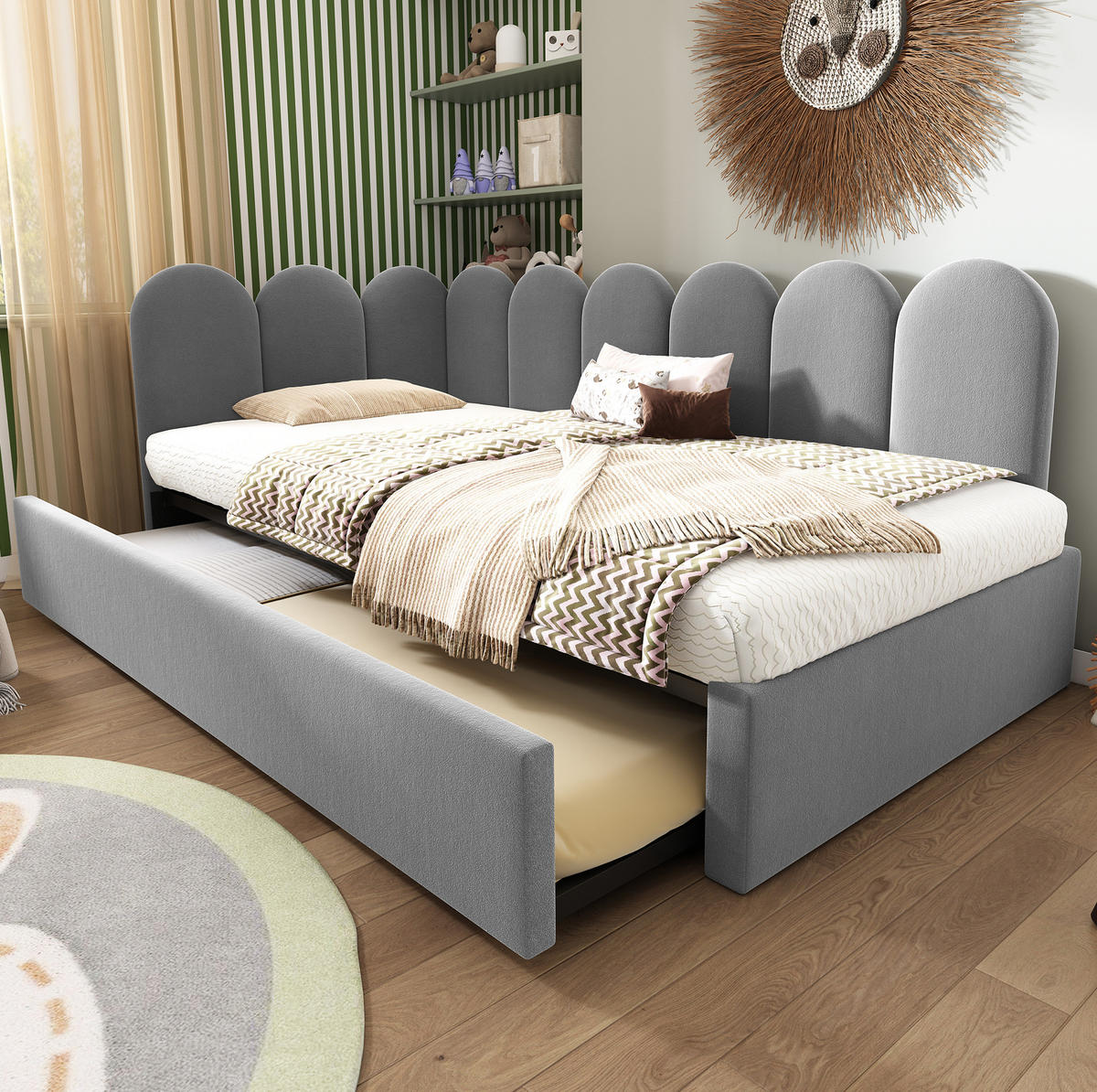 POLSTERBETT 90/200 cm mit Ausziehbett 90/190 cm, Samtbezug, Gitter-Design und Lattenrost, Grau - Grau, Textil (90/200cm) - Redom
