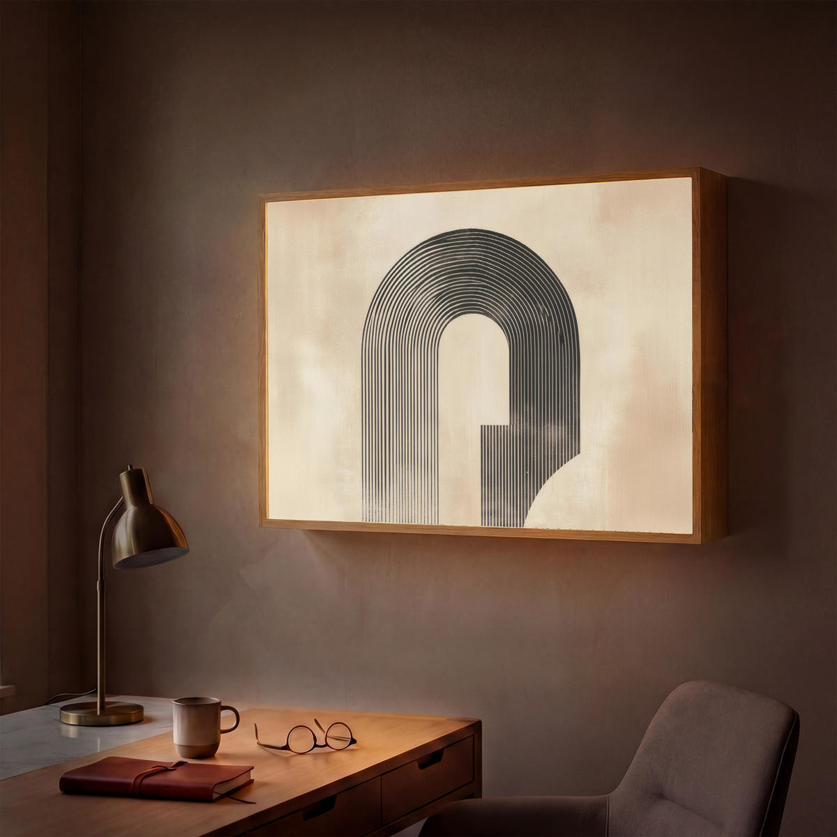 WANDLEUCHTE MIT AKKU Schleife - Streifen - Minimalistisch - Schwarz 90x60 cm - Beige, Holzwerkstoff (90/60/8cm) - OnlyWow