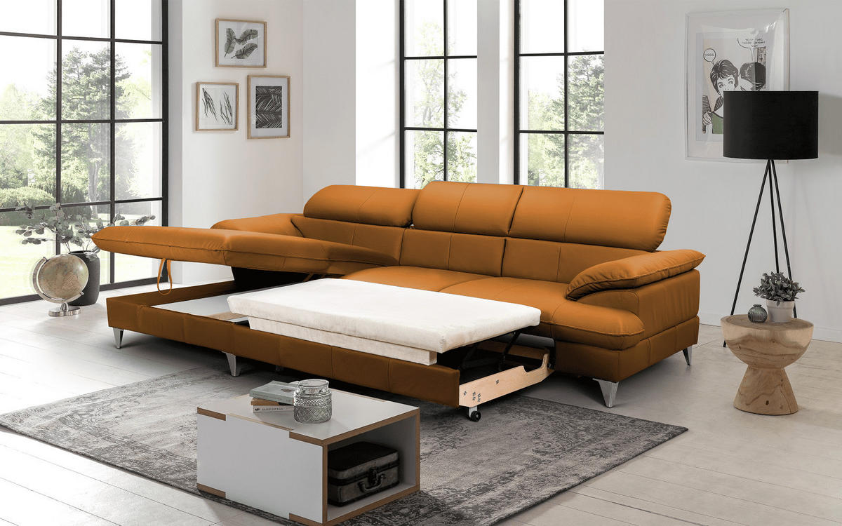 ECKSOFA mit Schlaffunktion und Bettkasten, Echtleder - Chromfarben/Orange, Leder/Holz (254/167cm) - Cotta