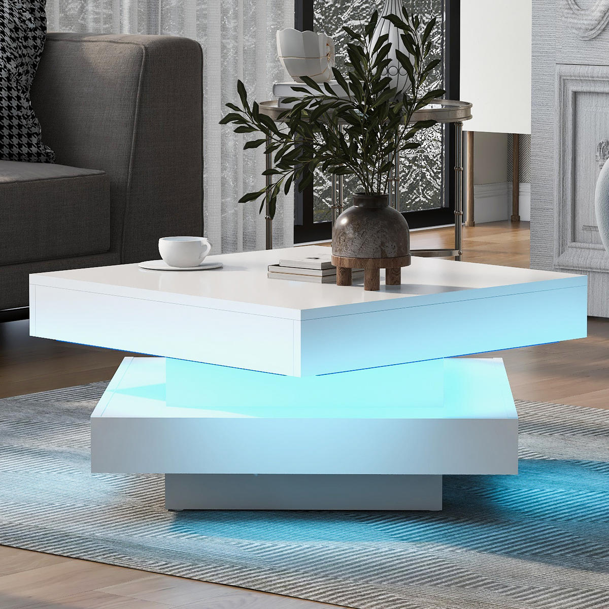 COUCHTISCH aus Spanplatte 70x70x36 cm in Weiß mit LED-Beleuchtung & Drehplatte - Weiß, Holzwerkstoff (70/70/36cm) - Modfu