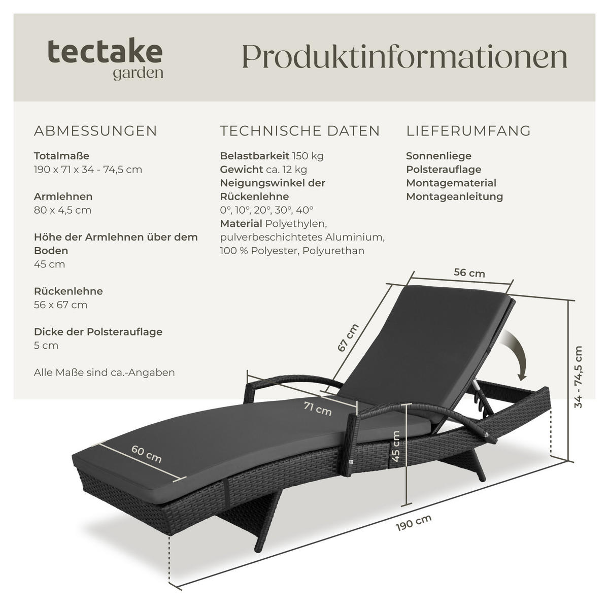 RATTAN-SONNENLIEGE Océane,190 x 71 x 34 – 74,5 cm,schwarz - Schwarz, Kunststoff (71/74.5/190cm) - tectake