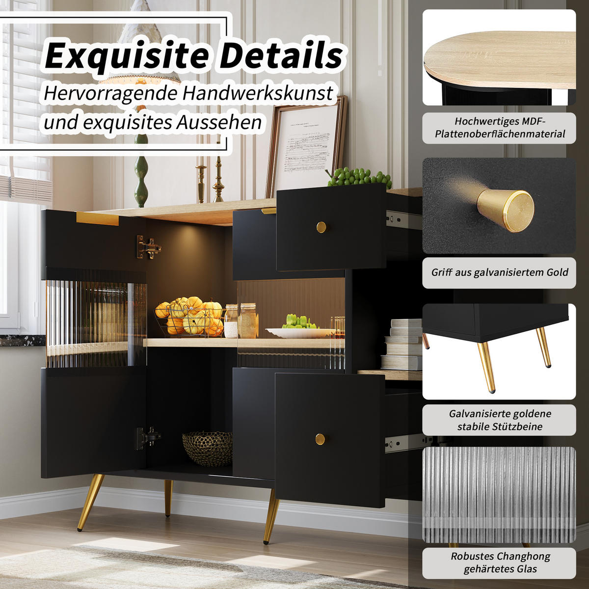 SIDEBOARD mit Kunst-Rattan-Türen und goldenen Details, 130/40/80cm - Schwarz, Holzwerkstoff (130/80/40cm) - Urban Meuble