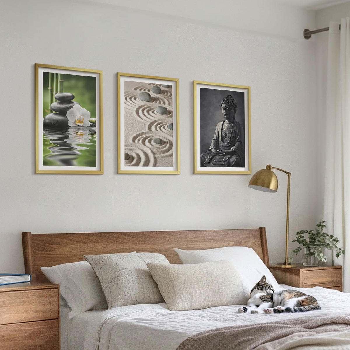 BILDER SET 3er Set - 40x60 cm Goldrahmen - Entspannender Blick auf den Zen-Buddha - Goldfarben, Kunststoff (40/60cm) - TULUP