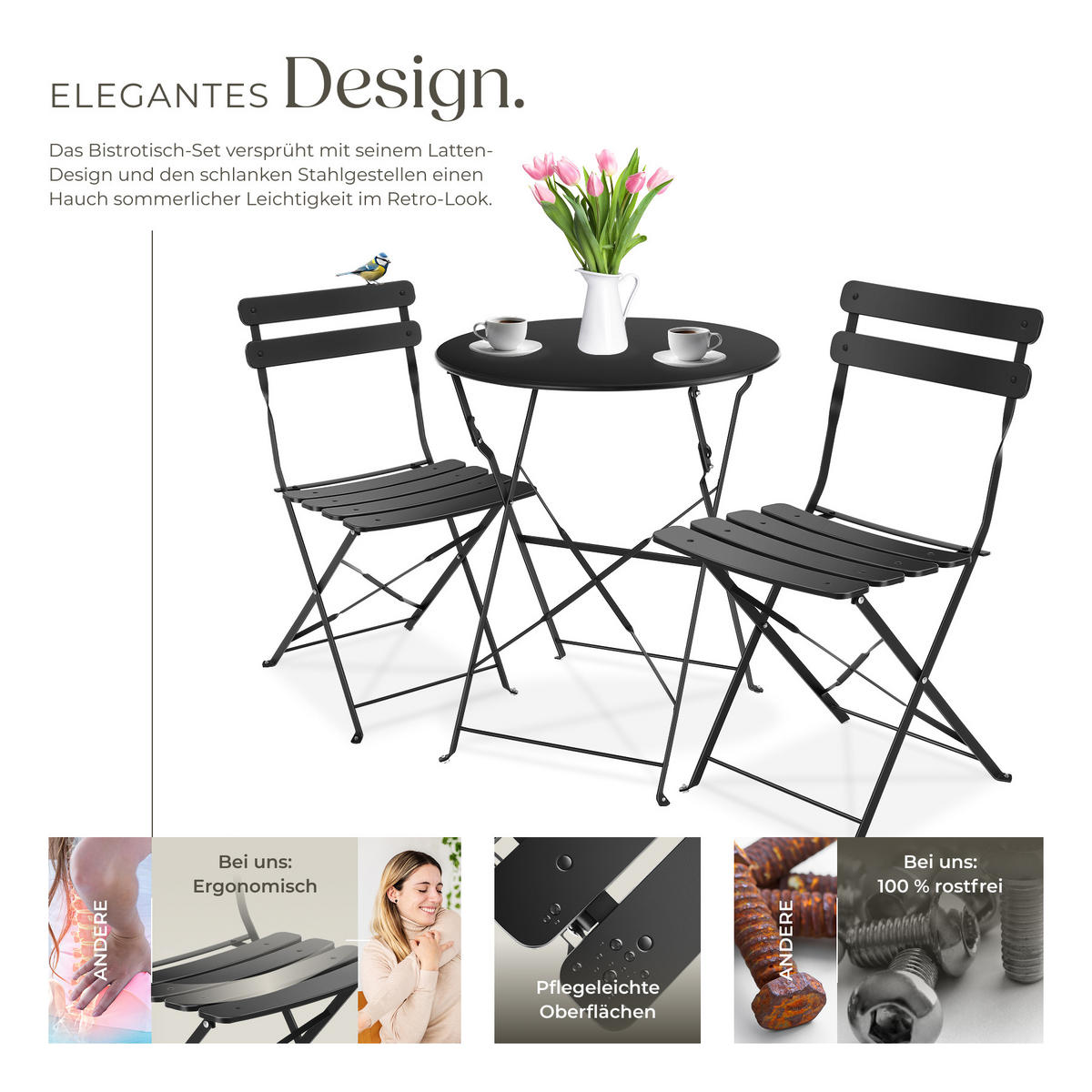 BISTROTISCH SET Frieda,Belastbarkeit Stuhl 120 kg,schwarz - Schwarz, Naturmaterialien/Textil - tectake