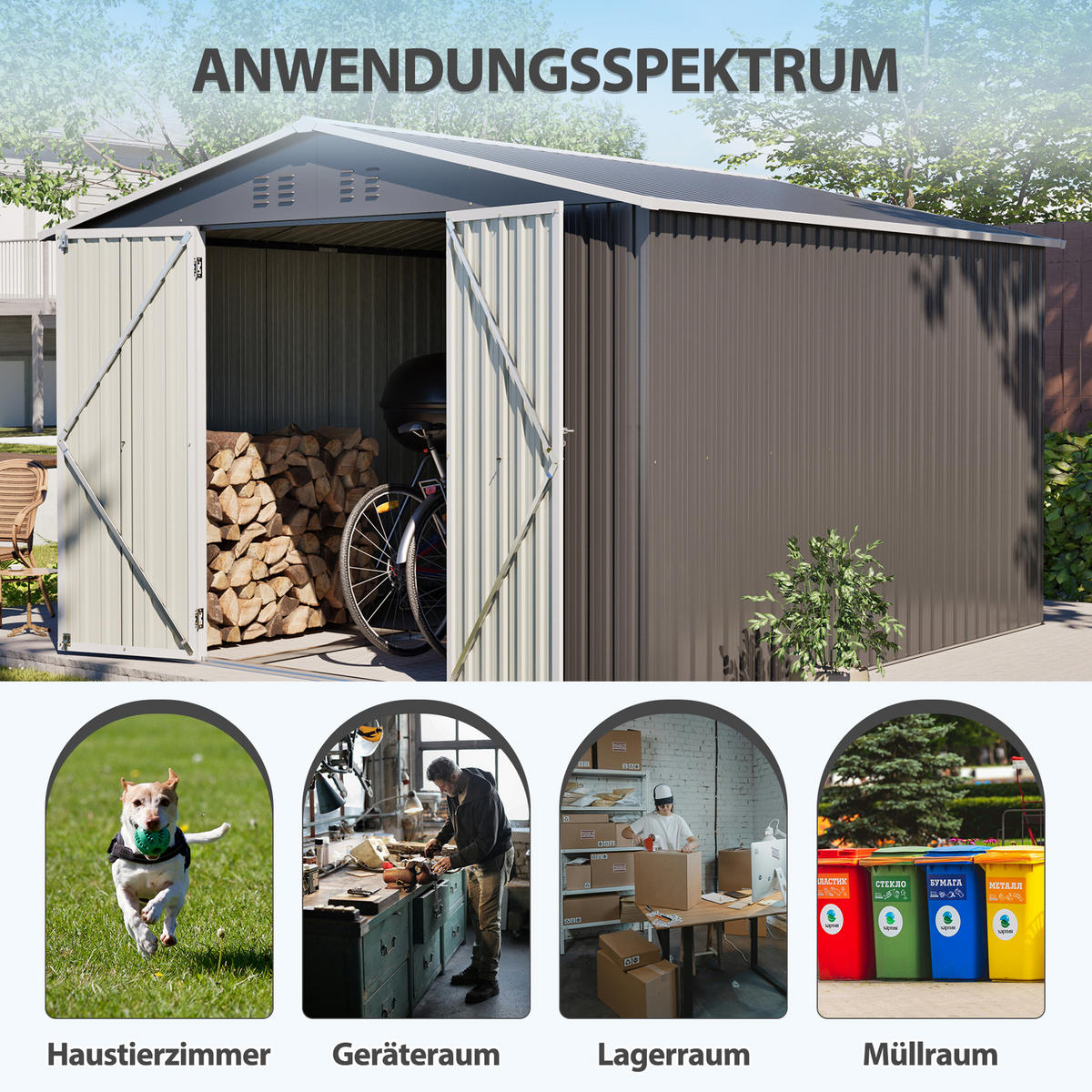 GARTENHAUS Schwerlast Stahl 300x311cm Grau Wetterfest & Sicher - Grau, Metall (311.4/300cm) - Raelunyi