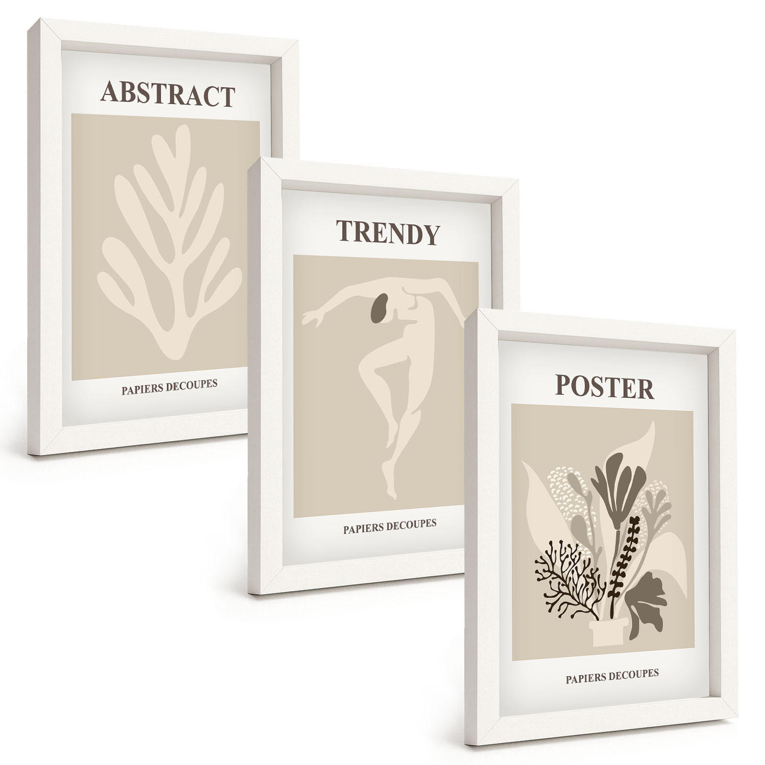 BILDER SET 3er Set - 20x30 cm Weißer Rahmen - Blumenmuster beige braun - Weiß, Kunststoff (20/30cm) - TULUP