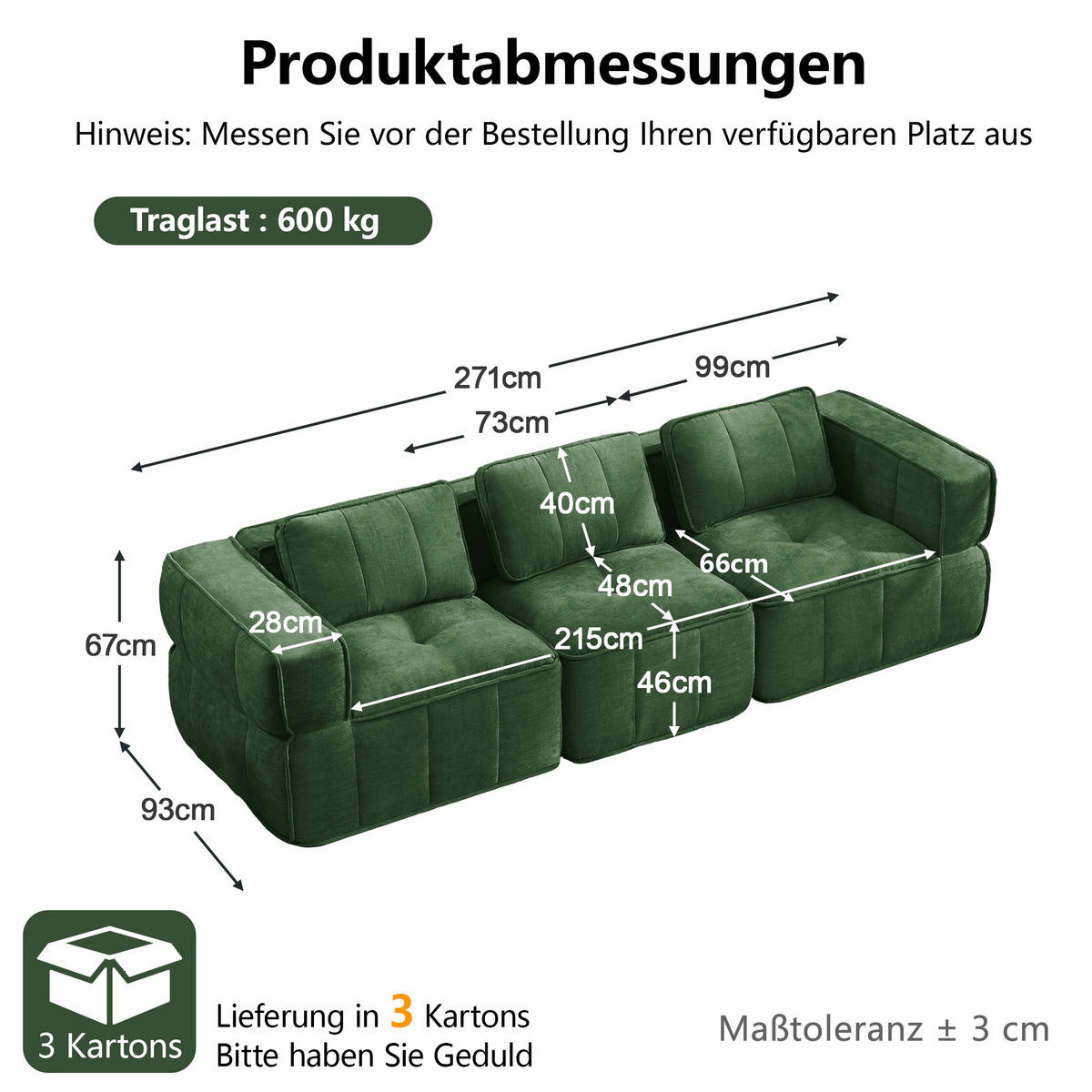 3-SITZER-SOFA DE-34428 mit stützenloses Design Grün - Grün, Textil (93/67/271cm) - ComfortXL