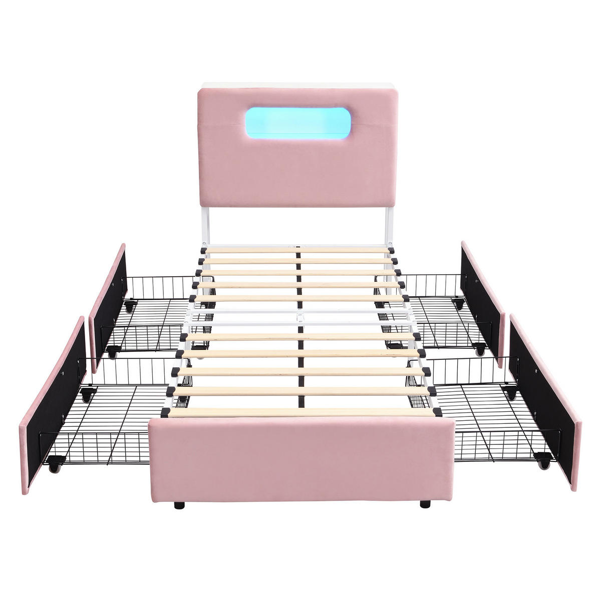 KINDER-POLSTERBETT aus Samt 90x200 cm Rosa mit 4 Schubladen und App-gesteuerter LED-Beleuchtung - Pink, Textil (90/200cm) - Modfu
