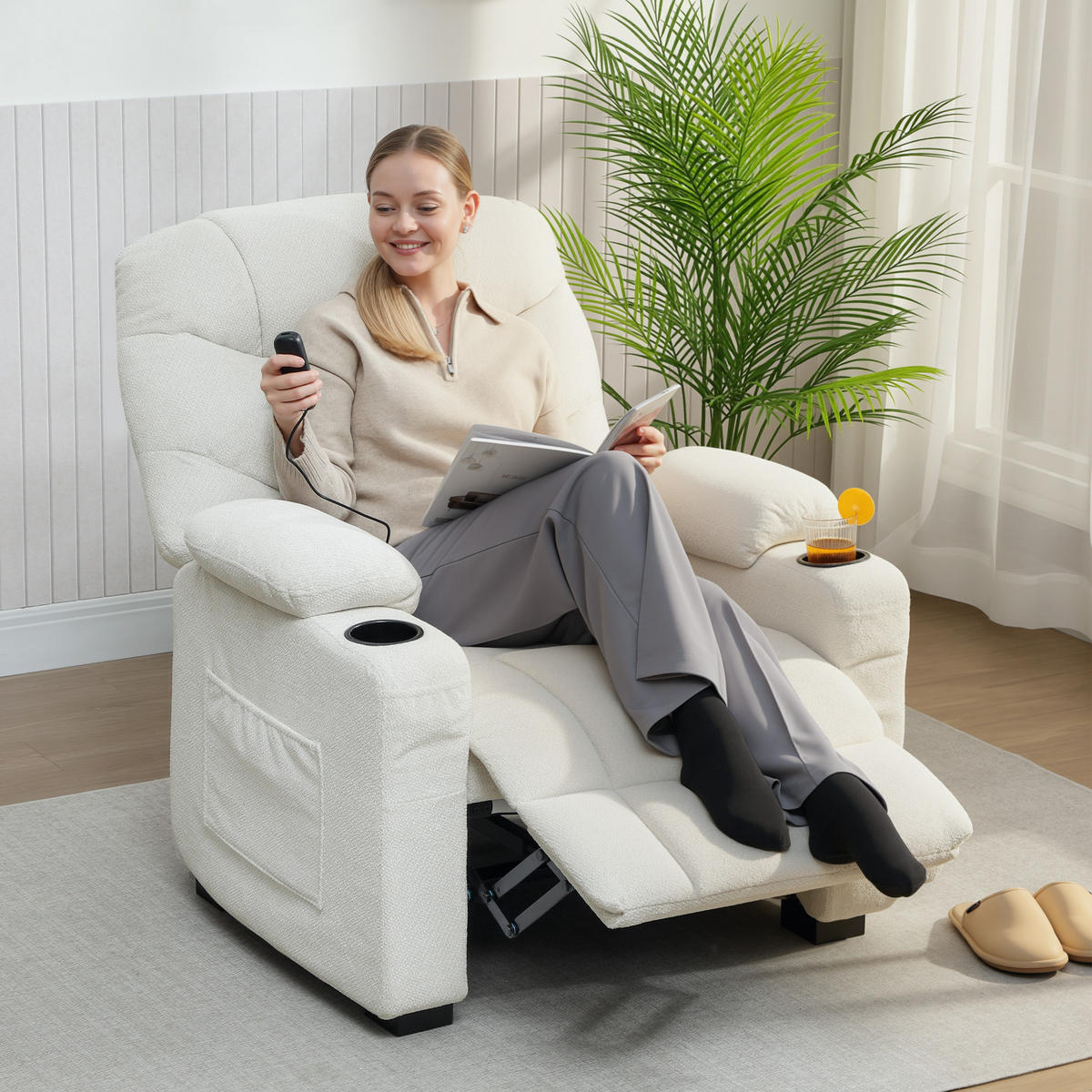 RELAXSESSEL,ELEKTRISCH 150° Samt Memory Fernbedienung Fußstütze,creme - Creme, Textil (90/105/94cm) - Vallsero