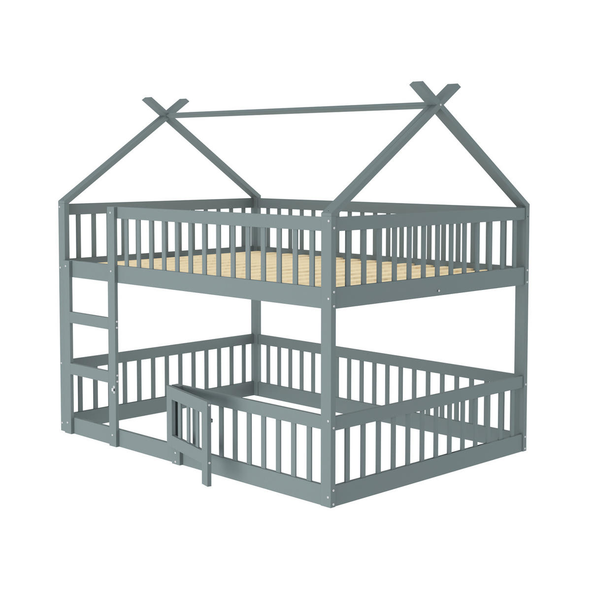 ETAGENBETT 140/200 cm Grau Massivholz mit Treppe und Hochsicherheitzaund - Grau, Holz (140/200cm) - OKWISH