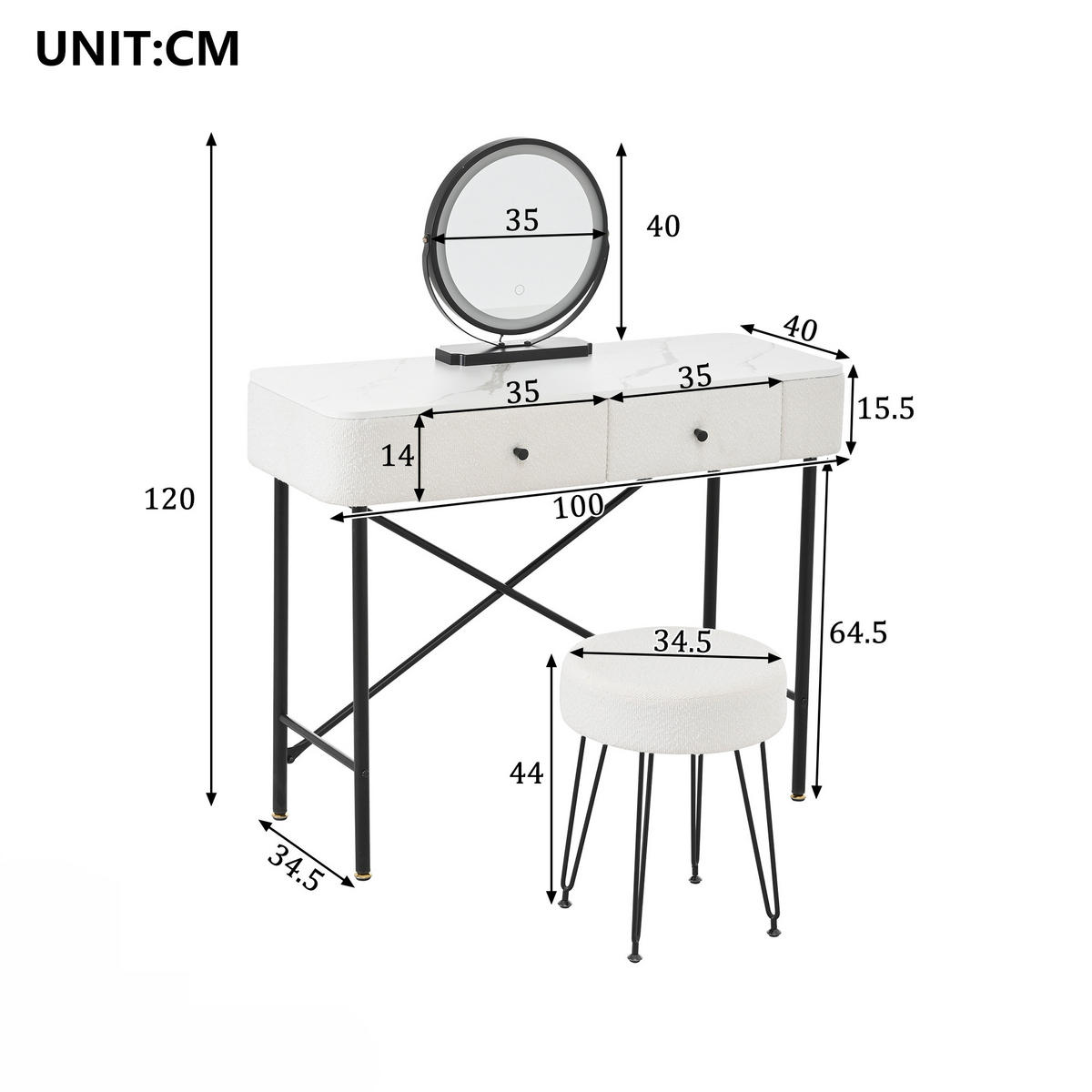 SCHMINKTISCH in Weiß Schminktisch mit LED Spiegel ,Hocker ,2 Schubladen und Marmoroptik für Schlafzimmer,B100/T40/H120cm - Schwarz/Weiß, Holzwerkstoff/Metall (100/120/40cm) - STILVORA
