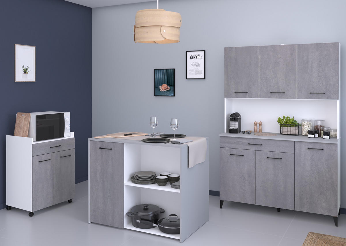 KÜCHENMÖBEL Malice 6 in Weiß und Beton 3teilig Küchenbuffet mit Kücheninsel und Beistellschrank - Weiß, Holzwerkstoff (80/200/120cm)