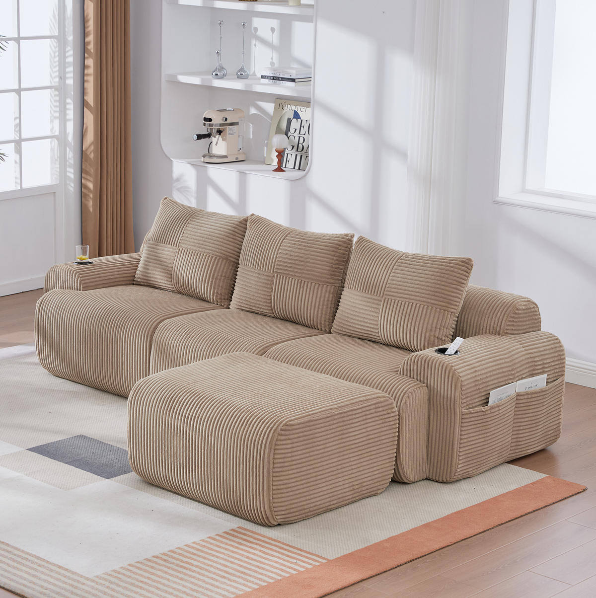 MODULARES 3-Sitzer Sofa Cordstoff mit Hocker Getränkehalter und Seitentasche 268/174/80 cm Sandfarben - Sandfarben, Textil (174/268cm) - Redom