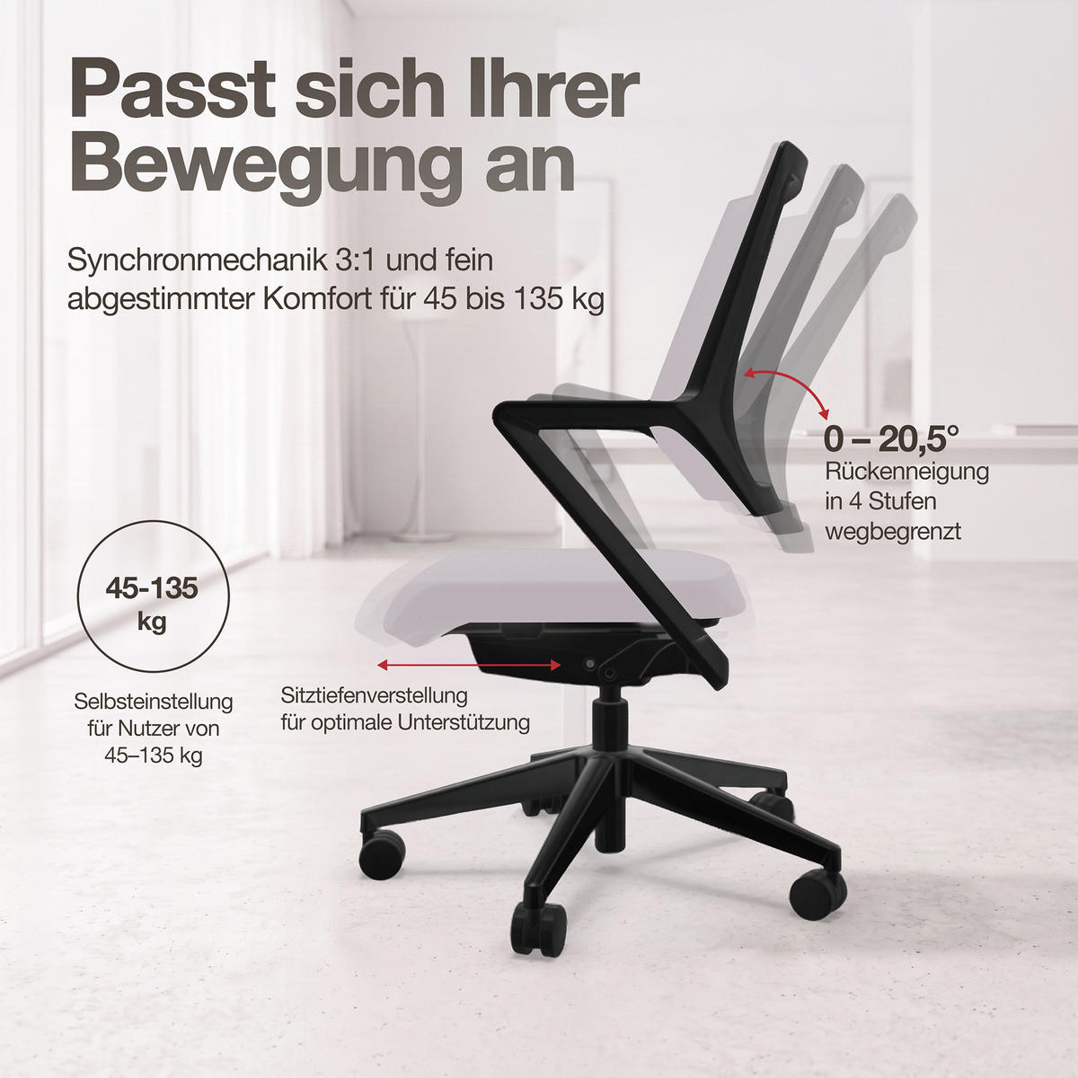 DREHSTUHL Ergonomischer Bürostuhl Asolo mit Polsterrücken / Hellgrau Ergonomischer Polsterrücken - Hellgrau, Textil (59.5/97.5/45cm) - ASSMANN