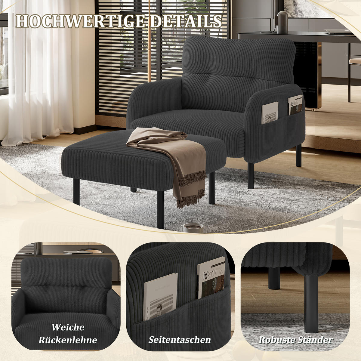 SESSEL Loungesessel,Polstersessel,Cord,Grau - Grau, Textil (67/79/75cm) - LVHOM