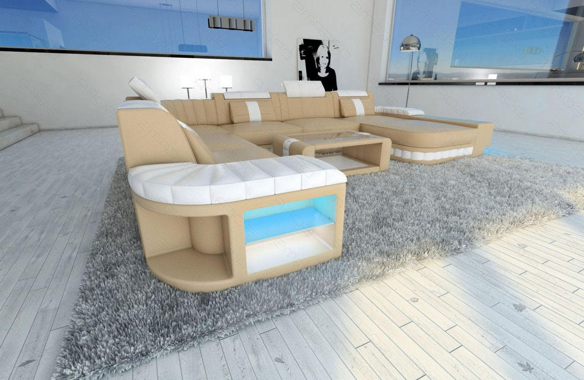 WOHNLANDSCHAFT Bellagio Sandbeige Weiß Büffelleder - Sandfarben, Leder (362/80/287cm)