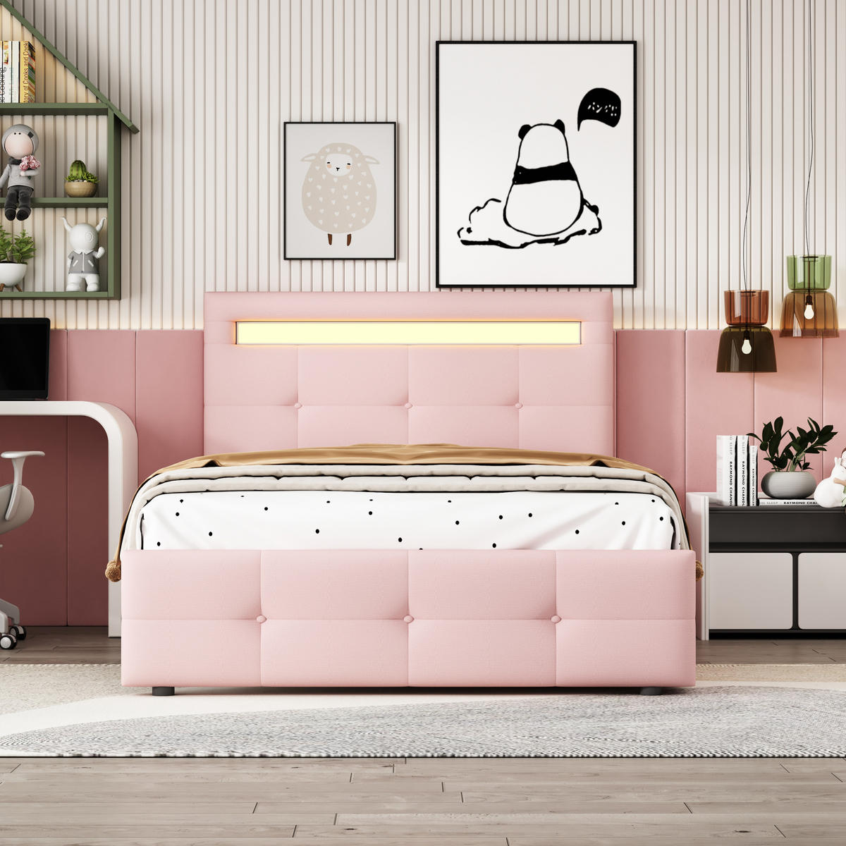 KINDERBETT 90/200 cm DE-01698, in Rosa, mit LED-Leuchten und 2 Schubladen - Pink, Metall (90/200cm) - ComfortXL