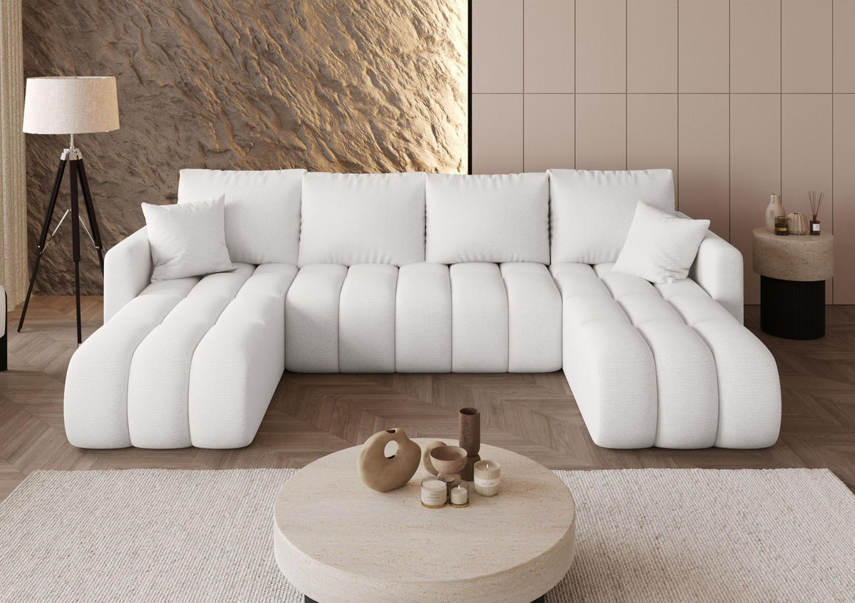 WOHNLANDSCHAFT GARDA U-Form weiß Strickstoff Aragon 1 - Schlaffunktion, Bettkasten - Weiß, Textil (305/88/150cm) - Cornero