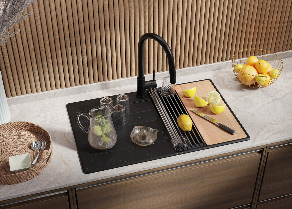 SPÜLBECKEN Kopenhagen, 2-er set Schwarz Metallic 78/50 cm 1 Becken + Ablauf-Set + Schneidebrett ab 45er Unterschrank - Chromfarben/Schwarz Hochglanz, Kunststoff (78/20/50cm) - Primagran