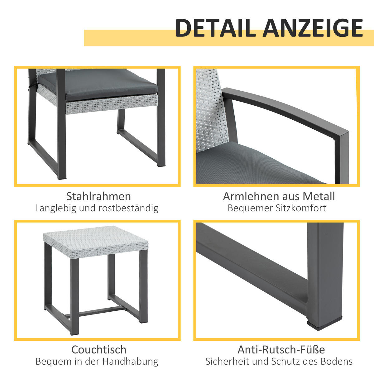 POLYRATTAN Bistroset, 3-tlg., Stahl - Grau, Metall - Outsunny