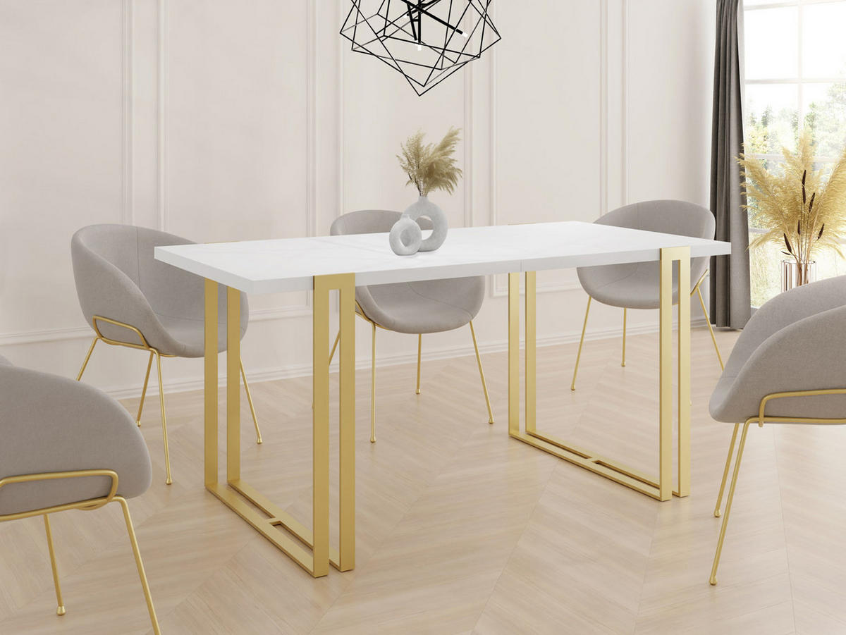 ESSTISCH Stella rechteckig ausziehbar, Weiß 160-260/90/76 cm - Goldfarben/Weiß, Holzwerkstoff/Metall (160/90/76cm) - WFL GROUP