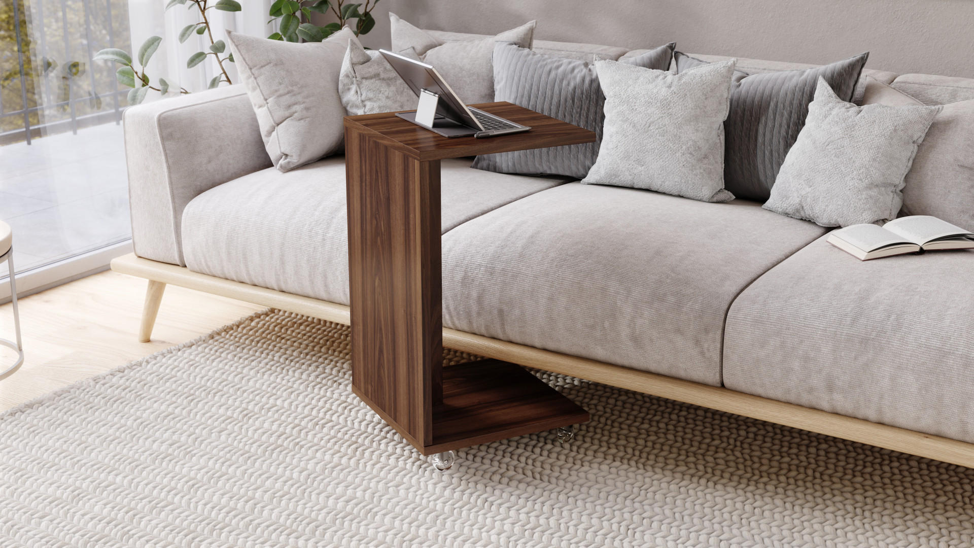 BEISTELLTISCH Rechteckig Nussbaum mit Ablage und Rollen - Nussbaumfarben, Holzwerkstoff (40/40/66cm) - designimpex