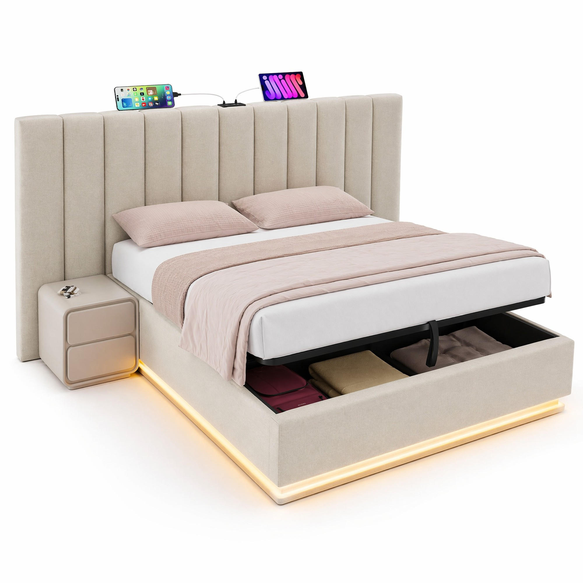 POLSTERBETT 160/200 mit Bettkasten, LED und USB in Beige - Beige, Holzwerkstoff/Textil (160/200cm) - EVRYAE