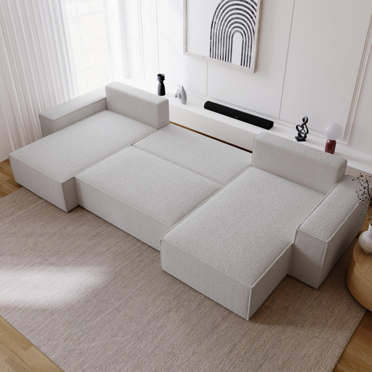 ECKCOUCH Bergamo U Bouclé mit Schlaffunktion, 380 cm, Hellgrau - Hellgrau, Holz (377/189cm) - Emporius