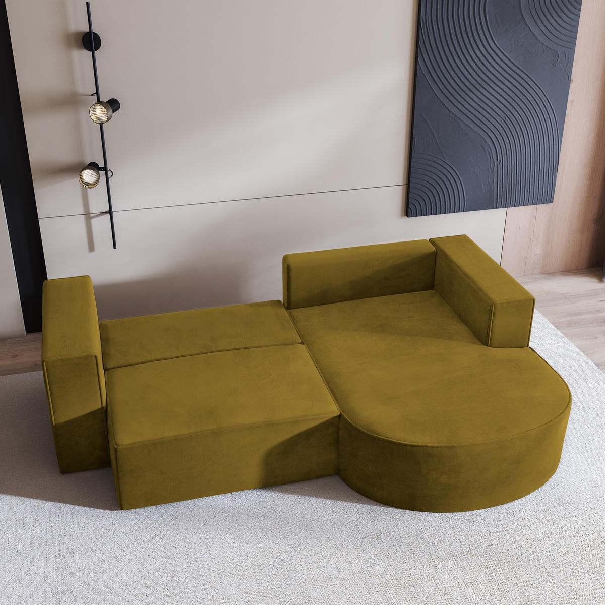 ECKSOFA SORELA M R-S Gelb Velours-Stoff mit Schlaffunktion - Gelb, Holz (263/174cm) - MASSENO