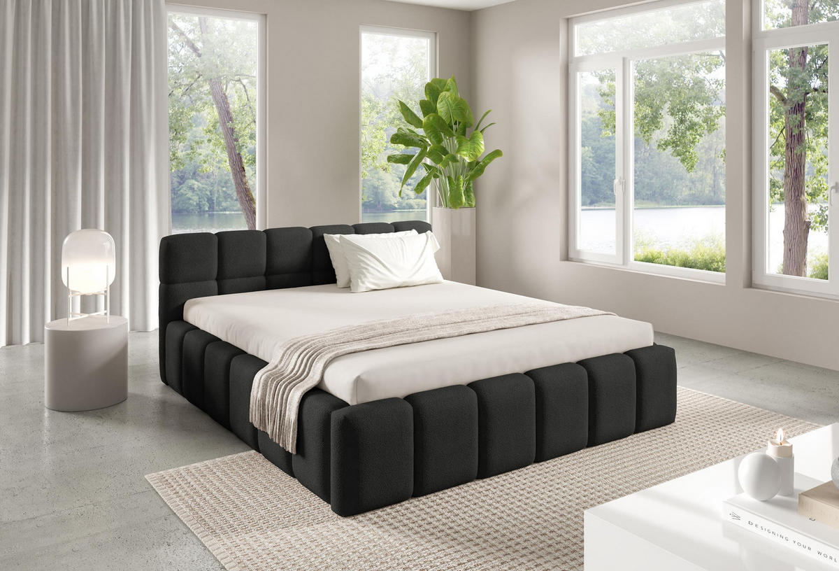 POLSTERBETT NUBO Medium 160x200 cm mit Bettkasten – QUELLE 100 - Schwarz, Holz - Dekori_Interiors