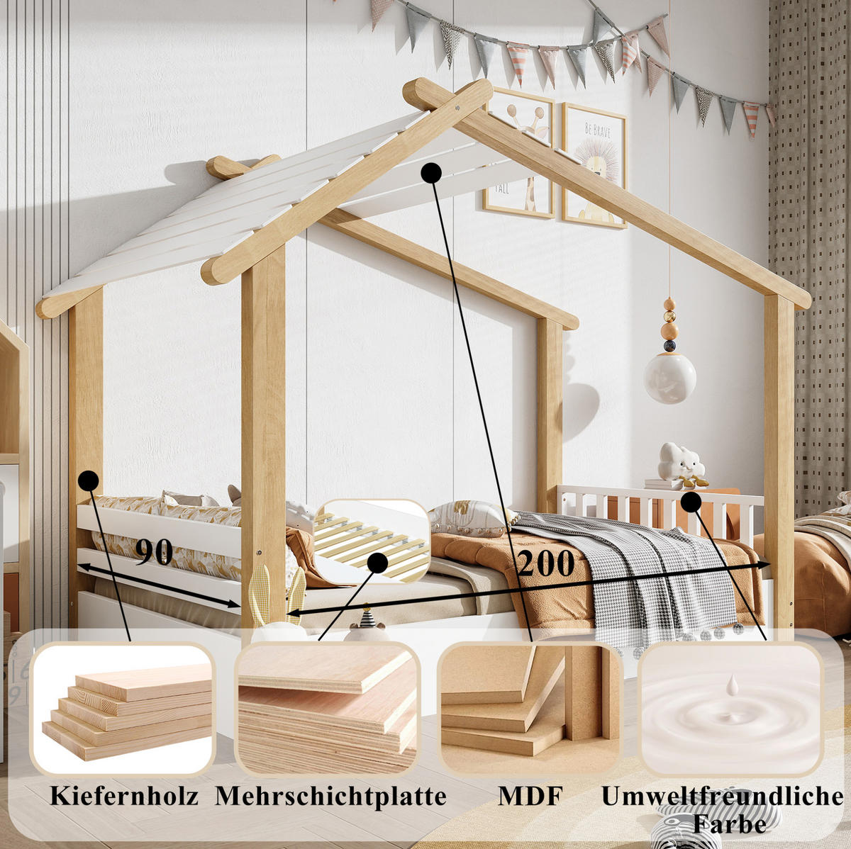KINDERBETT 90/200 cm mit Lattenrost im Hausdesign aus Kiefer und MDF, Weiß/Natur - Weiß, Holz (90/200cm) - Redom