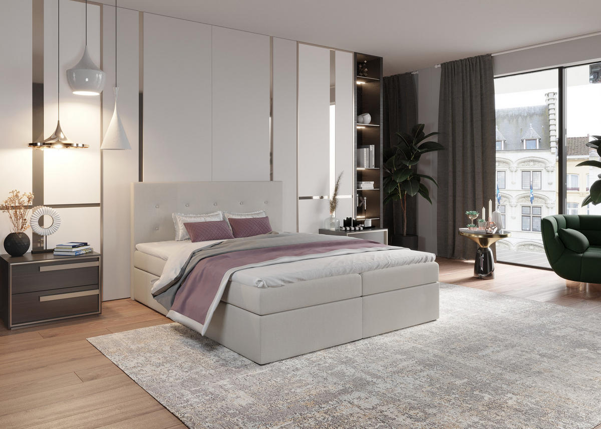 BOXBETT Dublin Beige 200x200 cm Bettkasten + Topper - Beige, Holz/Textil (200/200cm) - Comfortic