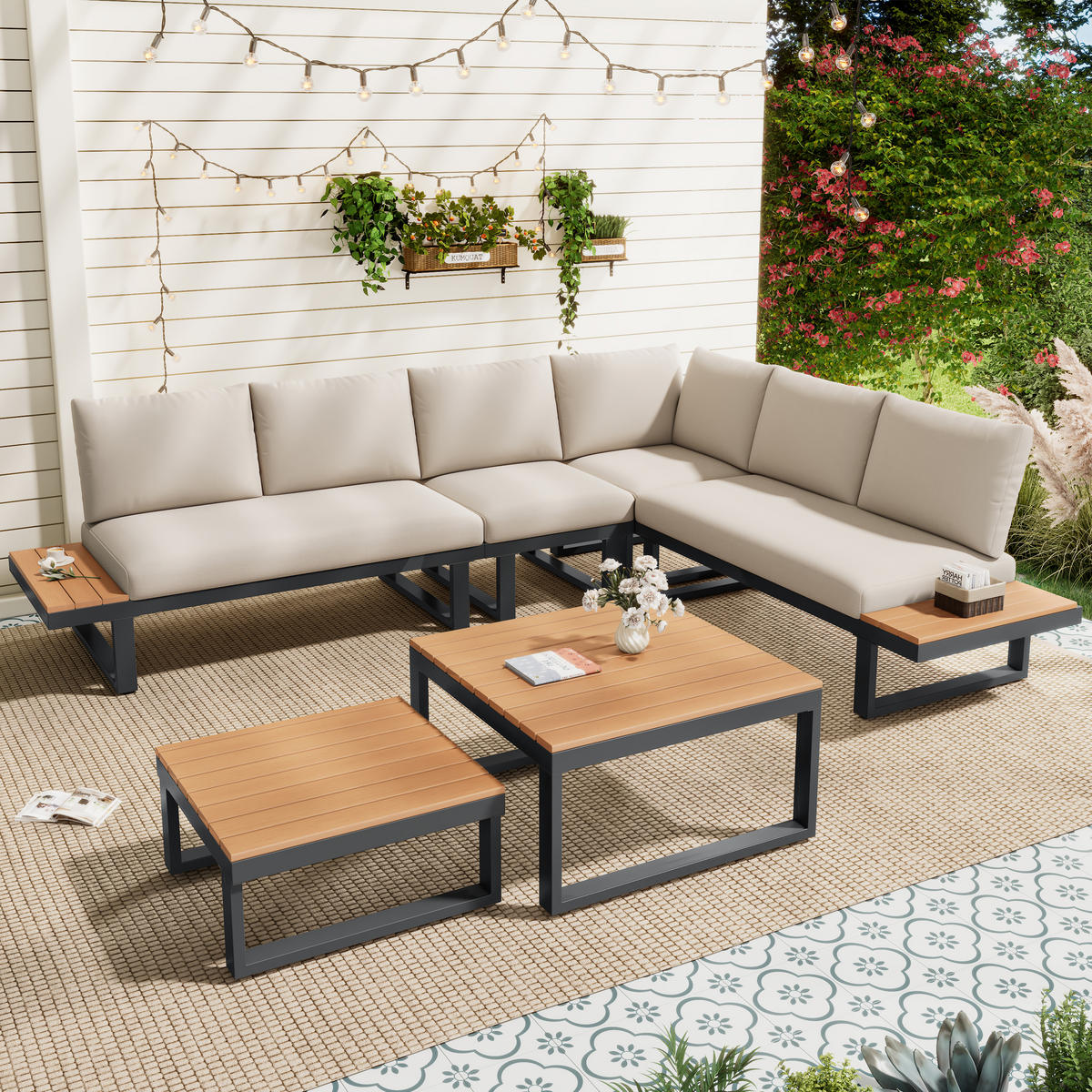 GARTENMÖBELSET Eckstellung Beige Schwarz - Beige, Metall - ComfortXL