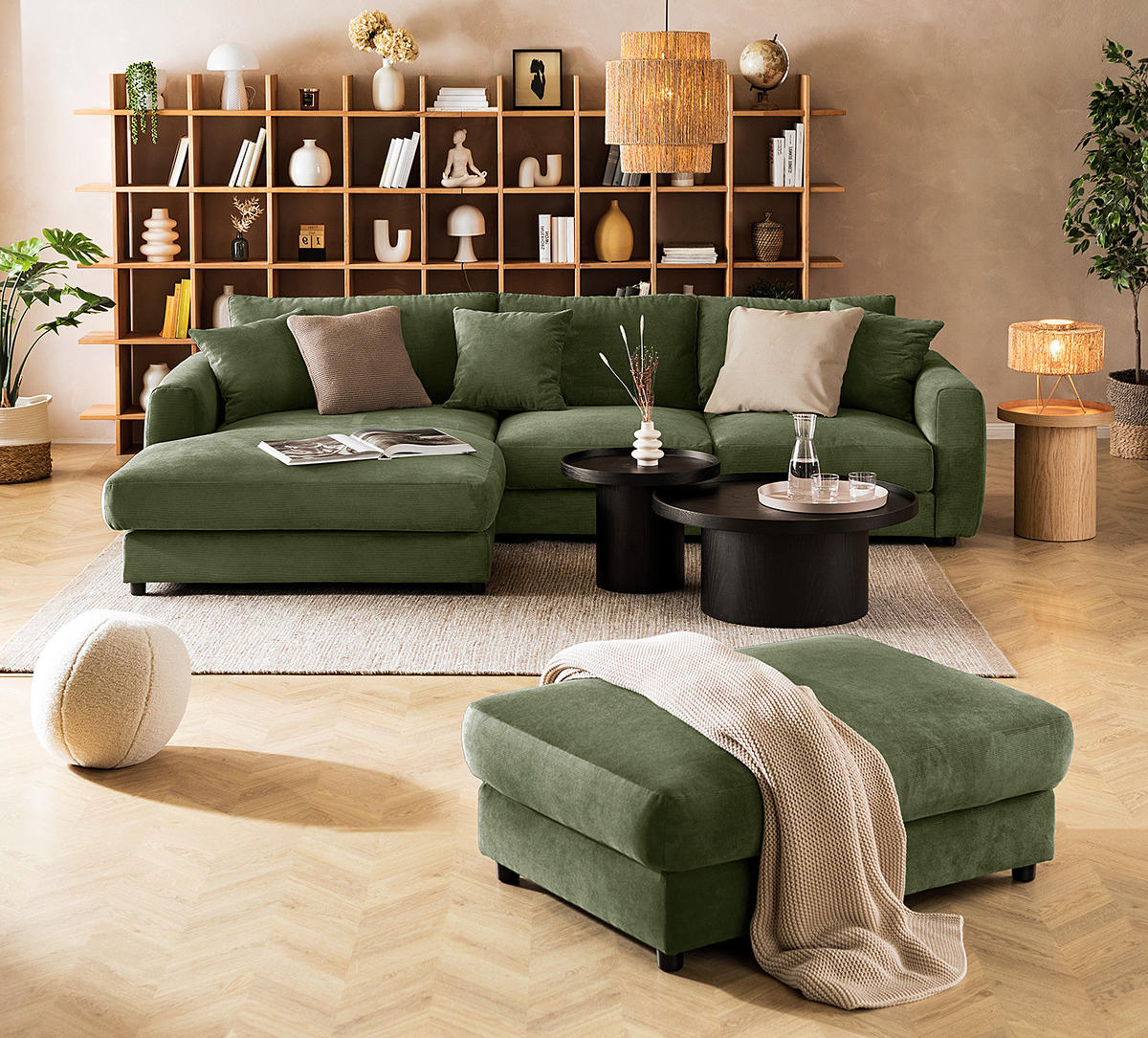 ECKSOFA mit Longchair - Schwarz/Grün, Holz/Kunststoff (286/183cm) - home24