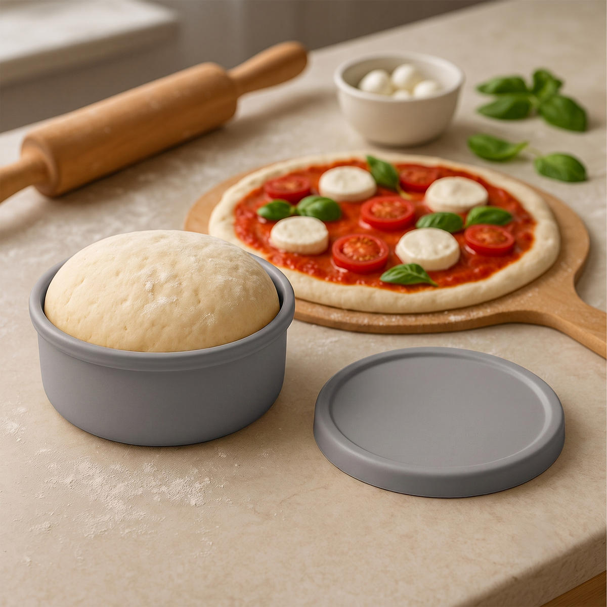 PIZZABALLENBOX Dunkelgrau 4er-Set Silikon mit Deckel - Anthrazit, Kunststoff (14.5/6.5/14.5cm) - Relaxdays