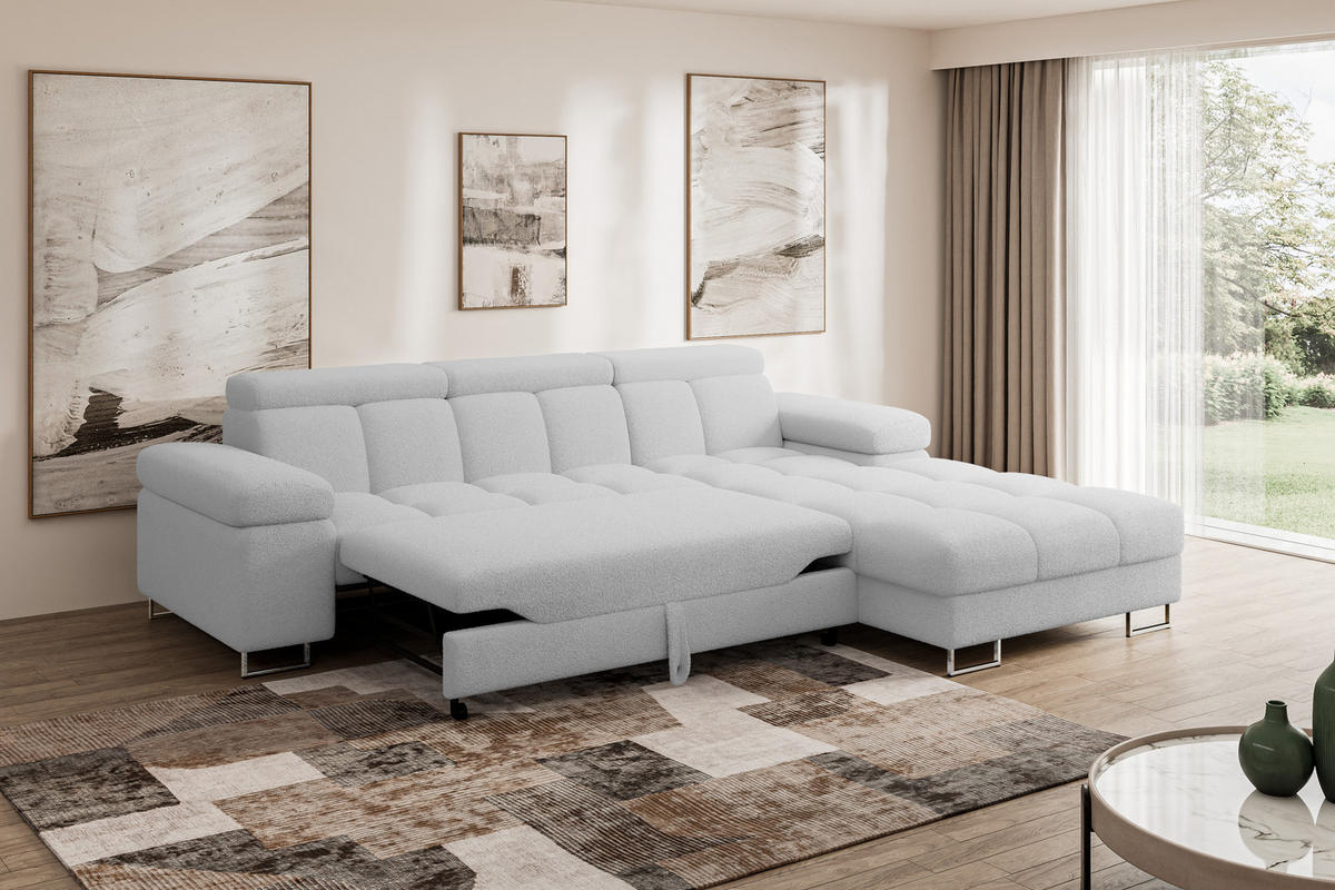 ECKSOFA mit Schlaffunktion Ottomane Rechts COMA L 271x203x79 Hellgrau Bouclé - Edelstahlfarben, Holzwerkstoff/Textil (203/271cm) - ALTDECOR