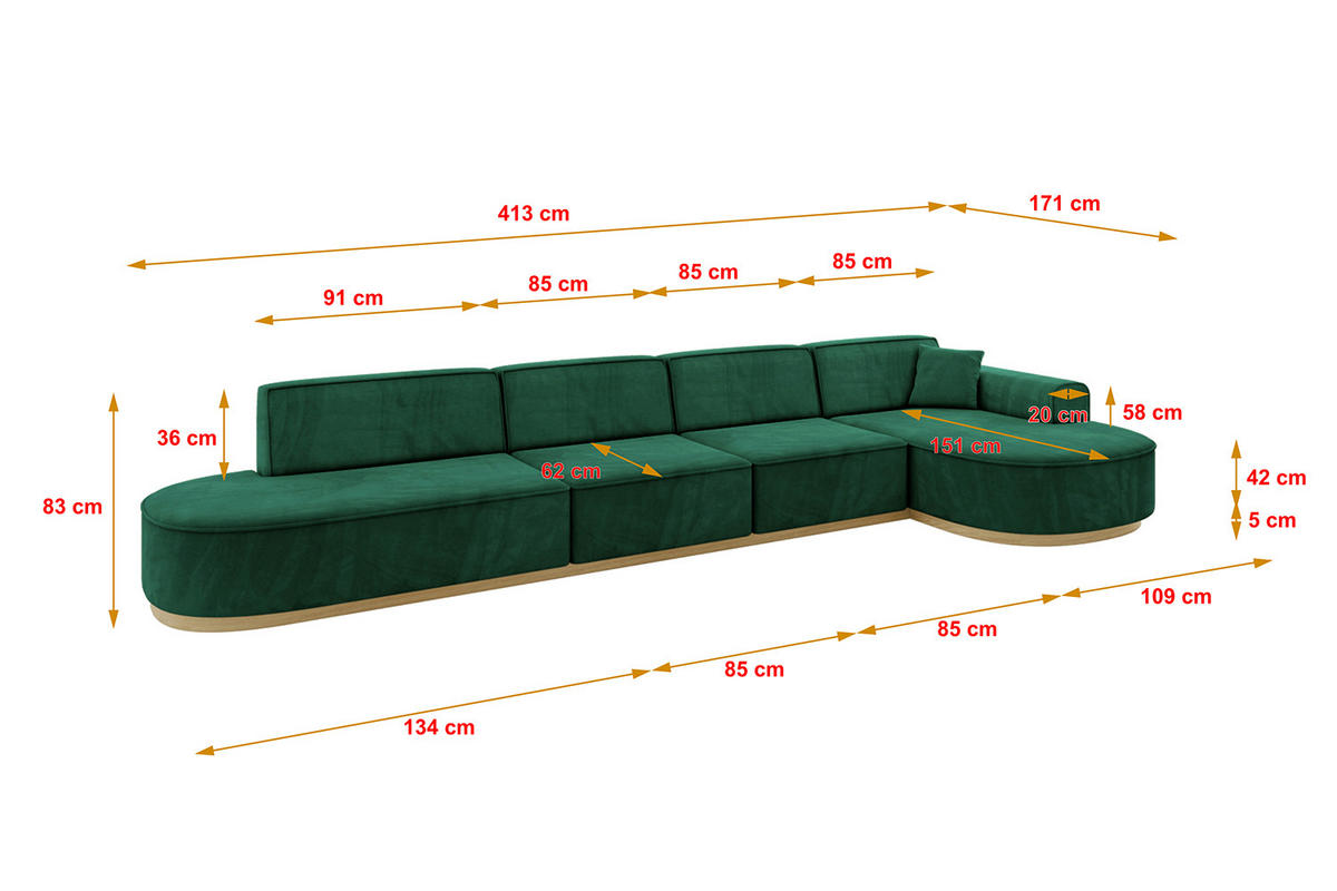 ECKSOFA Ottomane Rechts MARI-L3-v2 - 413x171x83 cm Grün Velours - Grün, Holzwerkstoff/Textil (171/413cm) - ALTDECOR