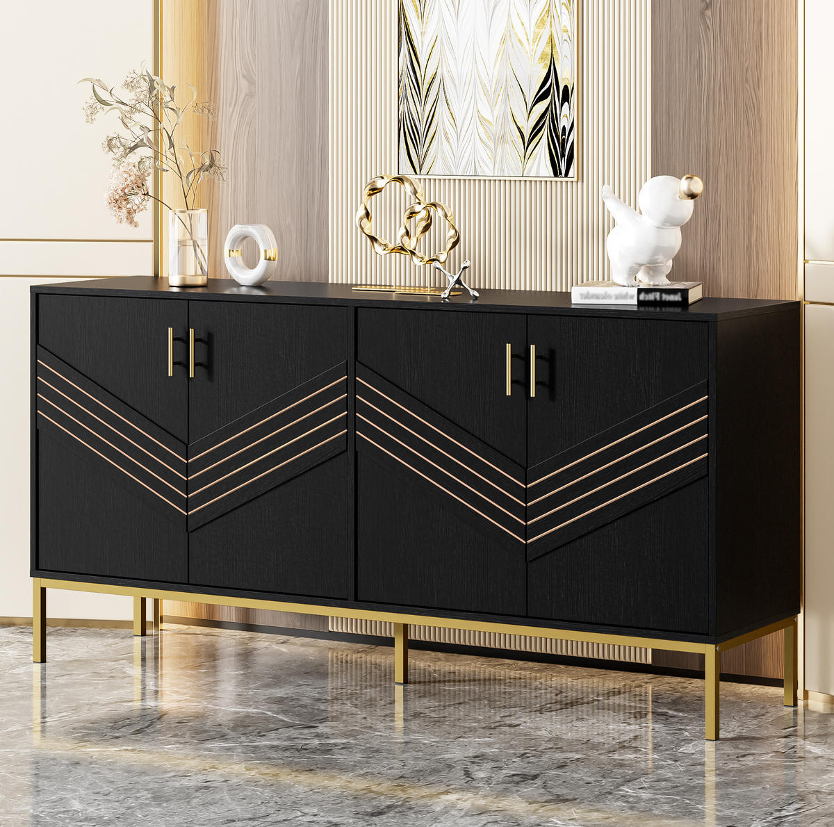 SIDEBOARD 160/40/80,5 cm mit 4 Türen in Schwarz mit goldfarbenen Metallakzenten - Schwarz, Holzwerkstoff (160/80.5/40cm) - BEAOK