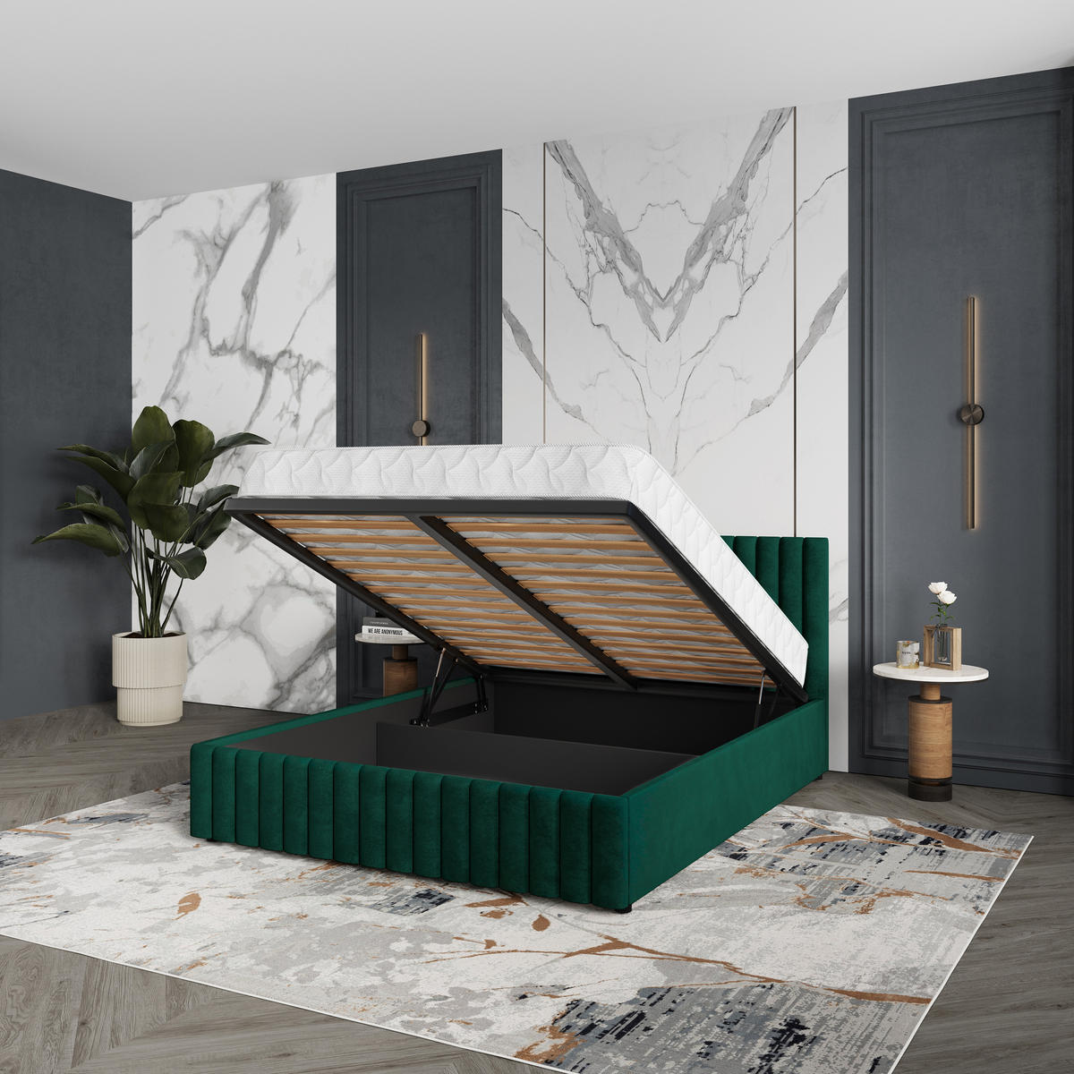 POLSTERBETT CARMIA 140x200 cm mit Bettkästen - Grün - Grün, Holz (140/200cm) - MASSENO